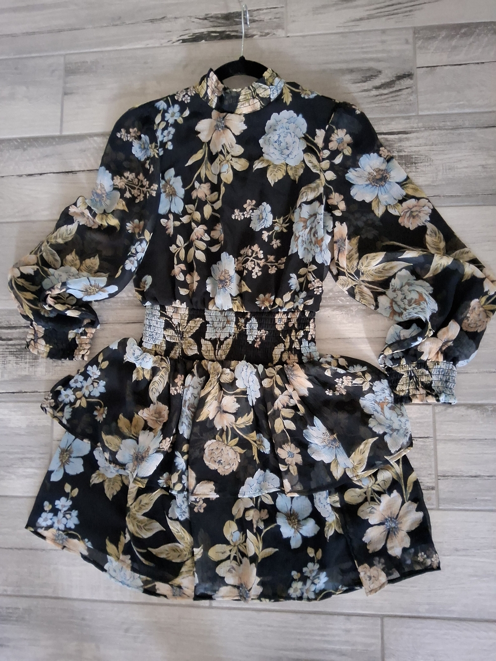 American Eagle Outfitters Black Floral Long-Sleeve Smocked Dress